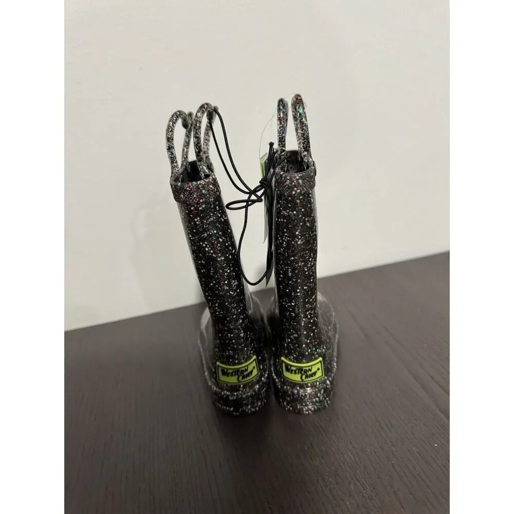 Western Chief Girls Glitter‎ Rubber Pull On Sparkle Rain Boots 8 NEW Light Up